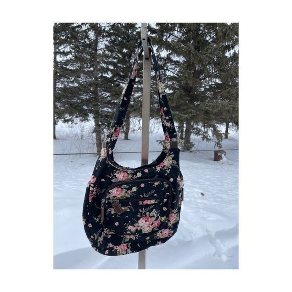 90s Grunge Floral Hobo Bag Canvas Lined Pockets - Picture 3 of 5